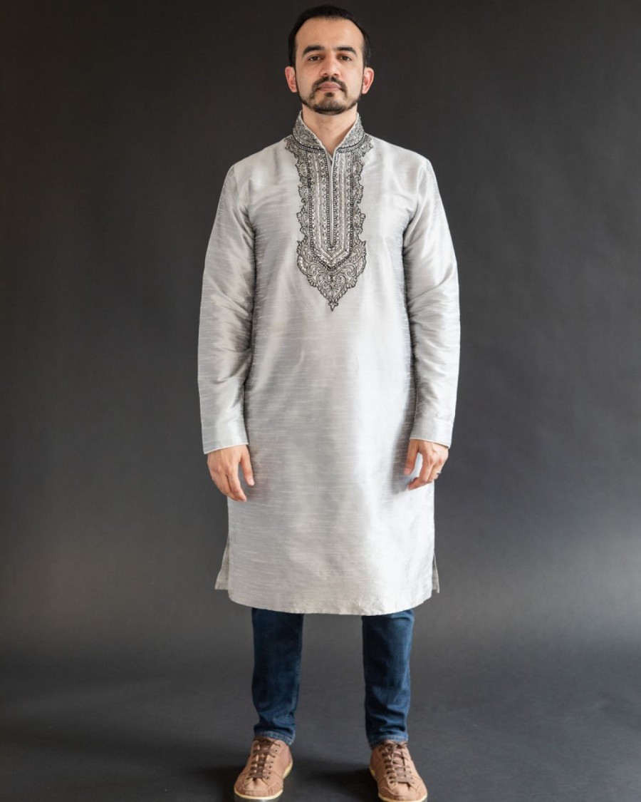 Men's Embroidered Cotton Panjabi - Silver Grey