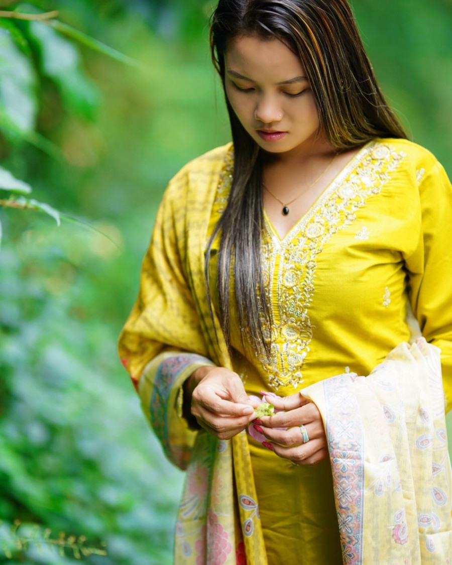 Yellow Cotton Three Piece (Stitched)