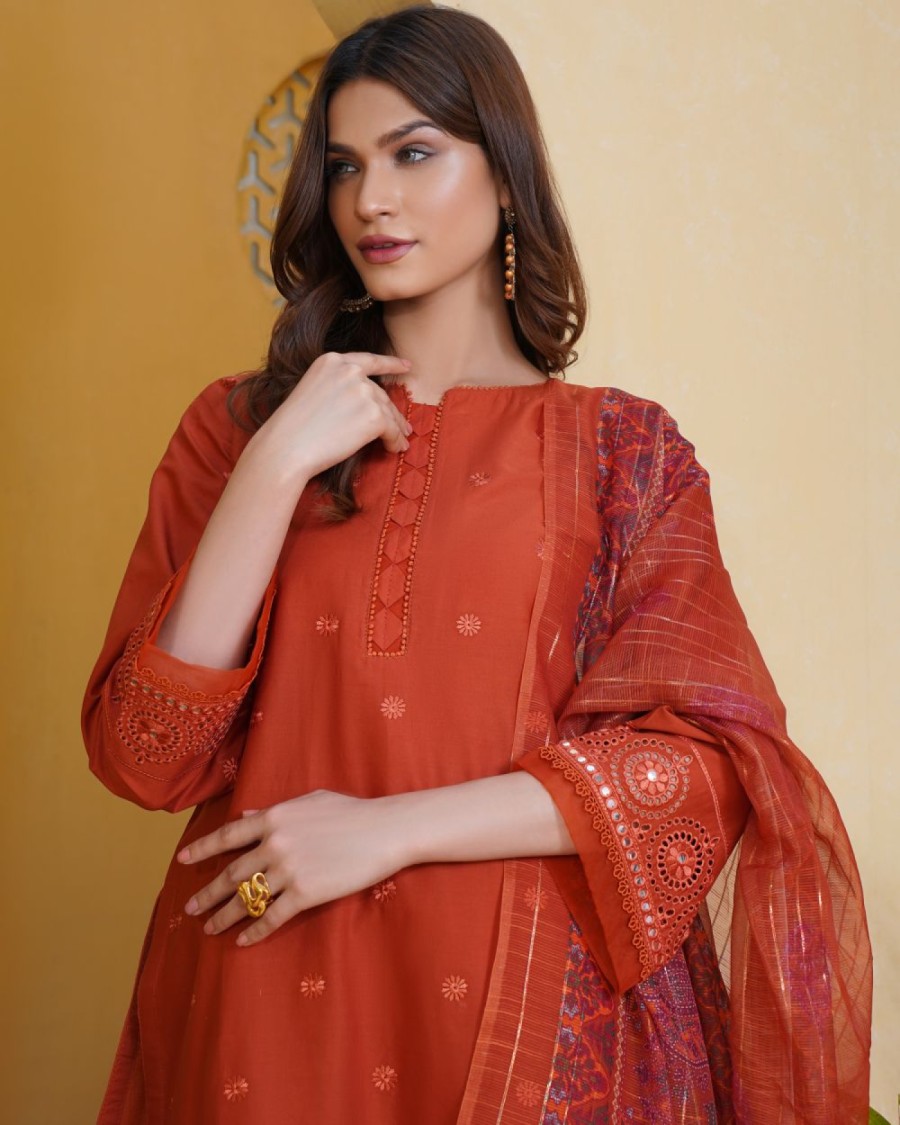 Red Georgette Embroidered Three Piece